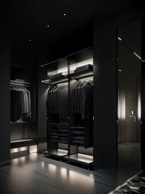 room view，Black walls and coat racks, Dark showroom, elegant futuristic wardrobe, Dark interior, Award-winning dark lighting, dark and modern, cinematic accent lighting, apartment with black walls, black show room, dark volumetric lighting, cinematic mood ...