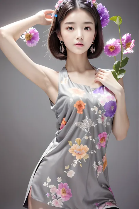 (masterpiece, top quality, best quality, official art, beautiful and aesthetic:1.2), (1girl:1.3), flat chest, extremely detailed,(fractal art:1.1),(colorful:1.1)(flowers:1.3),highest detailed,(dynamic pose), (grey background:1.3), (chinese Traditional clot...