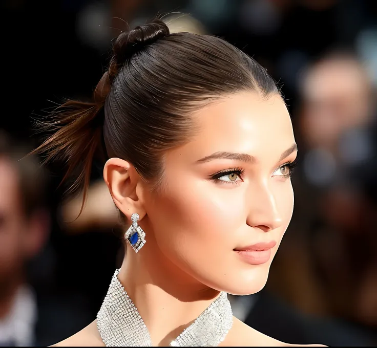 mulher arafed com um rabo de cavalo muito longo usando um colar e brincos, Bella Hadid, com cabelos escuros amarrados em um coque, cabelos lisos, cabelo em rabo de cavalo baixo liso, Topknot, olhar bonito, olhos elegantes, Estilo Chaumet, com rabo de caval...