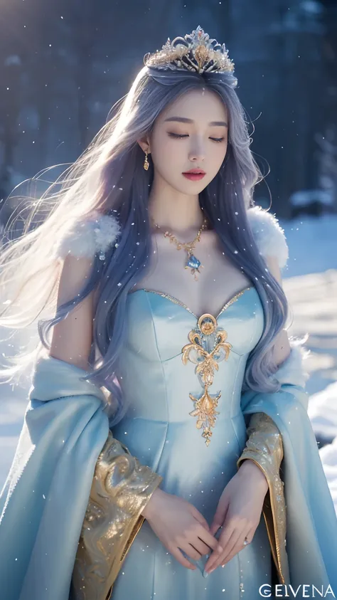 There was a woman in a golden dress，Wearing a necklace,((a beautiful fantasy empress).inspired by Sim Sa-jeong，Azure.detailed hairs,winter snow falling princess,LCE Princess,Guvez-Steville artwork,8K)),fantasy aesthetic!.Guviz,Ice Queen,8k high-quality det...