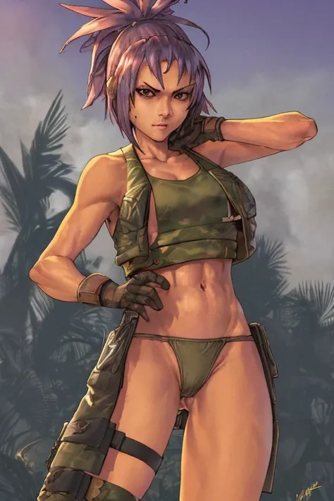 vest and panty,naked,serious,sexy pose,military,desert.Cammo,Sun,hot,guerrilla,tropical,wetting,leona from the king of fighters.