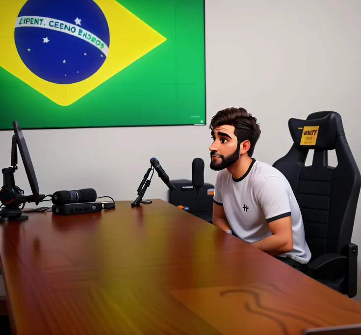 Um apresentador de podcast sentado a mesa no seu estudio