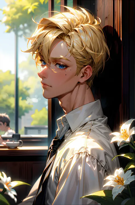 1boy, blonde hair, blue eyes, closed mouth, shirt with collar, dappled sunlight, Day, flower, sheet, lips, looking at the side, looking at the side, male focus, taupe, mole under the eyes, exteriors, Portrait, Shirt, Short hair, 独奏, Sunlight, white  shirt,...