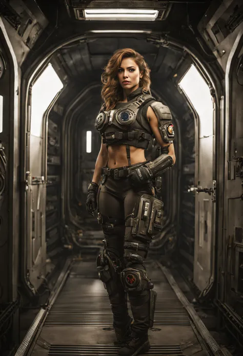 mujer alienigena extraterrestre, considerada como una de las razas mas bellas de la galaxia, con una cara, ojos y labios sensuales, vestida con uniforme sexy de gears of war, ((se encuentra en centro de control de estacion espacial)). hiperrealista, imagen...