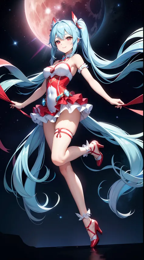 Super Idol　a beauty girl　Outstanding smile　sky blue hair　length hair　Facing straight ahead　Looking at the camera　Twin-tailed　Glittering red and white ruffled leotard outfit　Mystical　Fantasia　constellation　a moon　Crystal Brilliance　Aurora Borealis in the Ni...