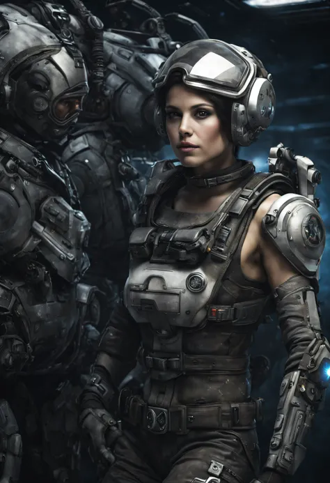 mujer alienigena extraterrestre, considerada como una de las razas mas bellas de la galaxia, con una cara, ojos y labios sensuales, vestida con uniforme sexy de gears of war, ((se encuentra en centro de control de estacion espacial)). hiperrealista, imagen...