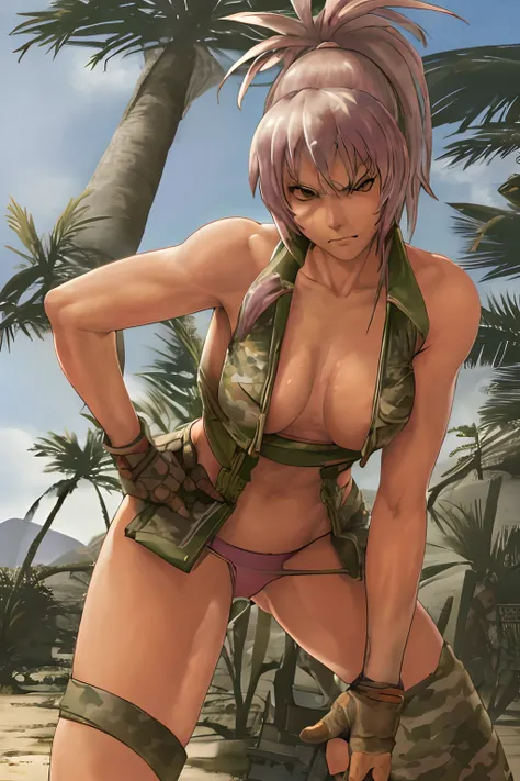 vest and panty,naked,serious,sexy pose,military,desert.Cammo,Sun,hot,guerrilla,tropical,wetting,leona from the king of fighters.