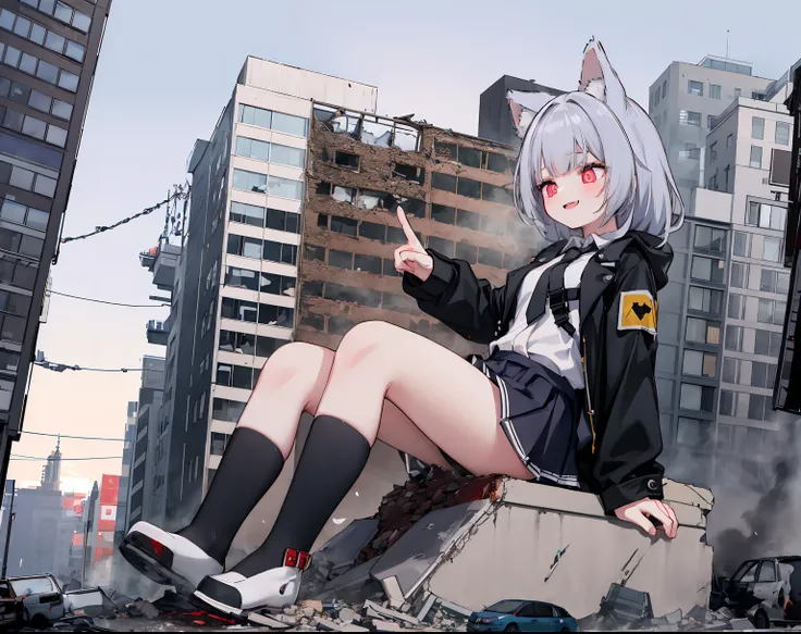 1girll, 16 yaers old, full bodyesbian, Bigger than the building,No shoes，{Black stockings}，Black jacket with white shirt ，Blue tie，Dark gray hair，Wolf ears，Light red eyes，A cold expression， Destroyed buildings, Sit on a destroyed building，The one who was t...