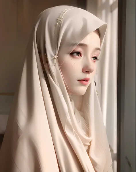 there is a woman wearing a white veil and a white head scarf, soft portrait shot 8 k, white hijab, beautiful portrait photo, artwork in the style of guweiz, very beautiful portrait, beautiful realistic photo, captured on canon eos r 6, beautiful portrait i...