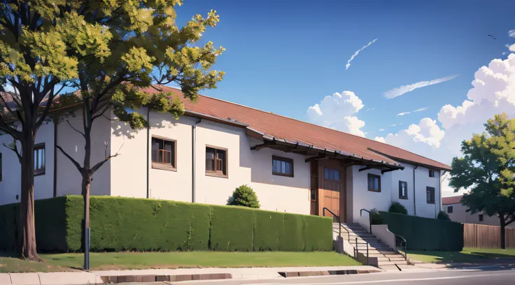 a school building with trees in front view