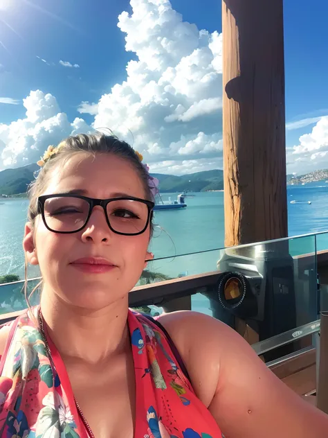 Woman with glasses and a colorful top sitting on a balcony, on the terrace, Fotografia selfie 8k, Fotografia tirada em 2 0 2 0, 4 5 I, bela vista, in balcony of palace, imagem de perfil, me, Andorinha Toron, meados dos anos 30, mid - 3 0 s, Mulheres de 40 ...