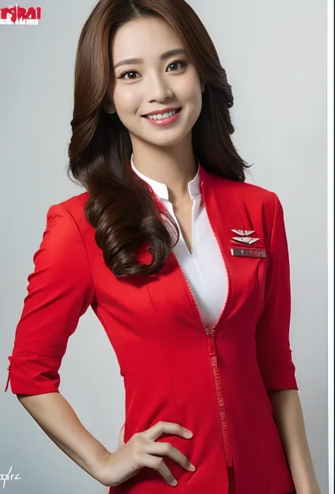 photo of airasia uniform, solofocus, masterpiece, posing for a photo,  (detailed face), simple white background, medium shot