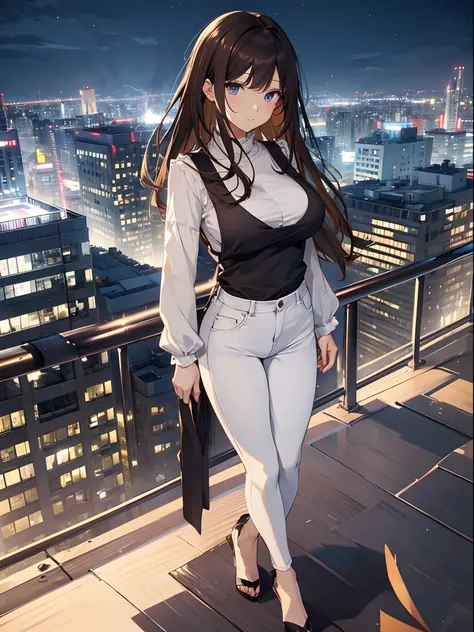 ((Midnight, Best Quality, 8K, masutepiece :1.3)), Whole body, Long legs, Sharp Focus :1.2, A pretty woman with perfect figure :1.4, Slender Abs :1.1, ((dark brown hair, Big breasts :1.2)), (White tight tshirt, Jean Bib, Standing:1.2), ((Night City View, On...