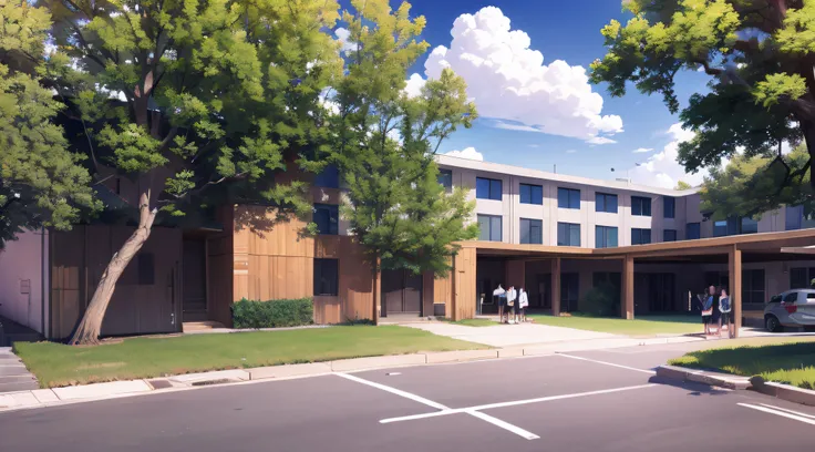 a modern school building with playground roads and trees in front view