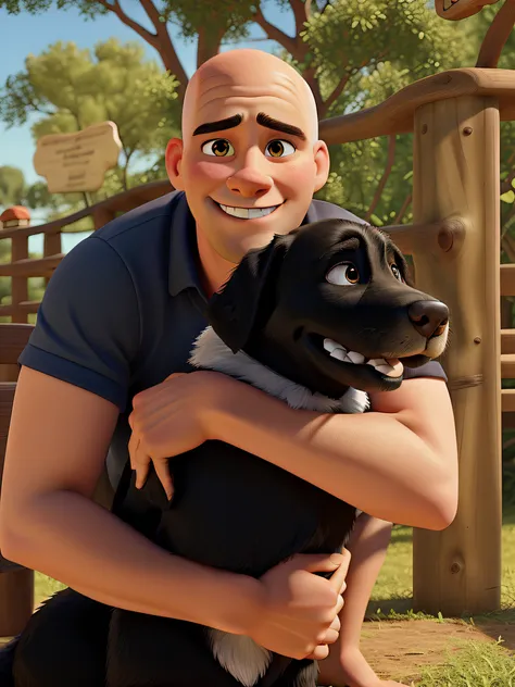 Poster in Disney pixar style, high quality, best quality, white man, bald and brown hair, hugging one black labrador dog