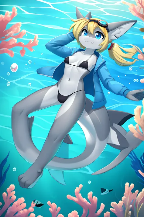 Shark girl, anthro, young, cute hair, long ponytail, two tone hair, blonde hair, pink hair, blue eyes, medium breasts, detailed body, furry ears, shark nose,  blue jacket, open clothes, black micro bikini, masterpiece, looking at you, two tone body skin, g...