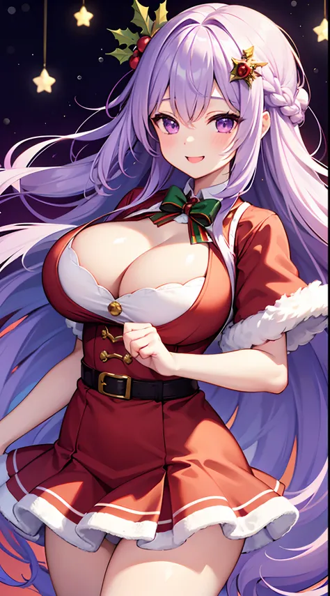 1 girl, game CG, mini Santa Claus clothes, short skirt, cleavage visible, Christmas hair ornament, gigantic breasts, light purple hair, long hair, french braid, purple eyes, Christmas background, smile, dynamic,