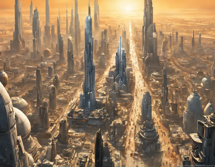 ((The city of Coruscant from Star Wars as designed by Doug Chiang)), futuristic fantasy city with immense buildings of technological design (que forman una avenida infinita), edificios compactor no difuminados, con estructuras acristaladas espectaculares, ...