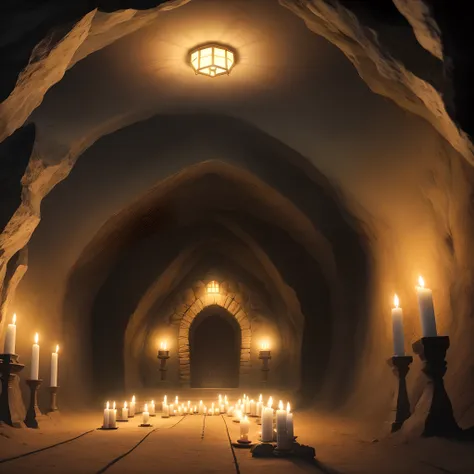 A place of worship in a dark cave。The only light is candles。