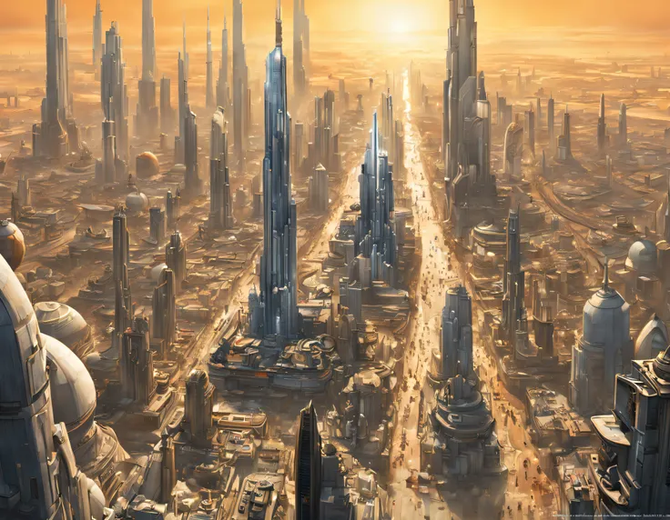 ((The city of Coruscant from Star Wars as designed by Doug Chiang)), futuristic fantasy city with immense buildings of technological design (que forman una avenida infinita), edificios compactor no difuminados, con estructuras acristaladas espectaculares, ...