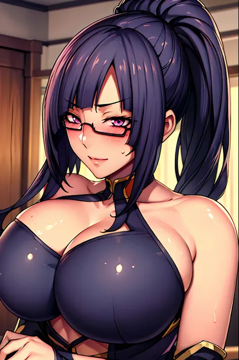 (focus on whole body), (cowboy shot), indoors, (standing pose), tempting pose, sexy pose, arms behind head, (blushing face:1.4), smiling,blue dress, cleavage cutout, clothing cutout, bare shoulders, semi-rimless eyewear, black hair, very long hair, ponytai...