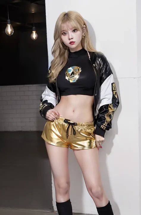 Blonde Gal（Shiny Black&Gold Track Jacket、Shorts）、Looks fun、full body Esbian、、large full breasts、beautiful foot、Skull Print Tops、Light blonde hair