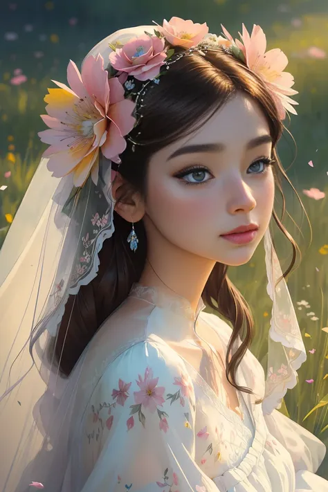 The colors in this image are soft and draw inspiration from gentle watercolors and should be primarily pink. Generate a delicate and tranquil flower princess with soft hair dancing in the wind and intricately braided. Her sweet face has puffy, kissable lip...