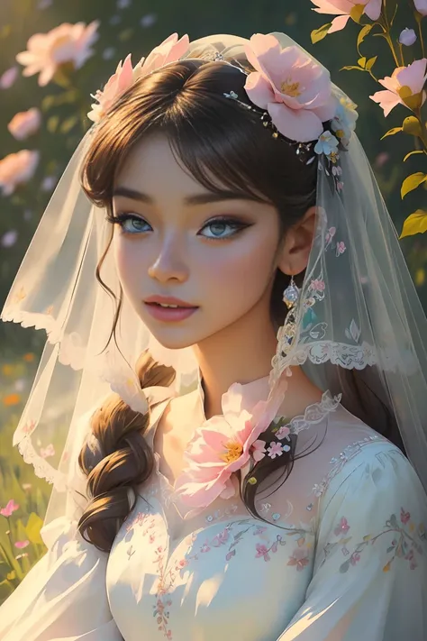 The colors in this image are soft and draw inspiration from gentle watercolors and should be primarily pink. Generate a delicate and tranquil flower princess with soft hair dancing in the wind and intricately braided. Her sweet face has puffy, kissable lip...