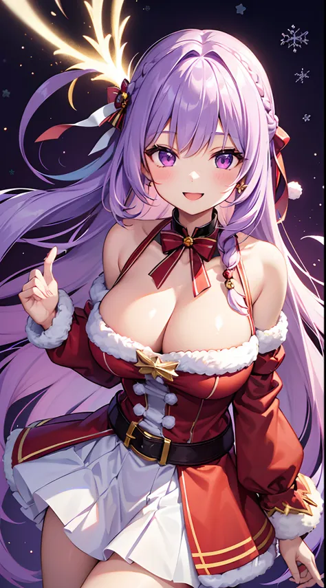 1 girl, game CG, mini Santa Claus clothes, short skirt, cleavage visible, Christmas hair ornament, gigantic breasts, light purple hair, long hair, french braid, purple eyes, Christmas background, smile, dynamic,