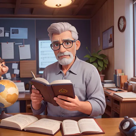 Homem de 44 anos, inspirado na Disney Pixar. A gray-haired man and bsrba wearing glasses in an office with a book on the desk looking to the serious future, old man, cabelos grisalhos, uma camisa Xadrez vermelho com preto