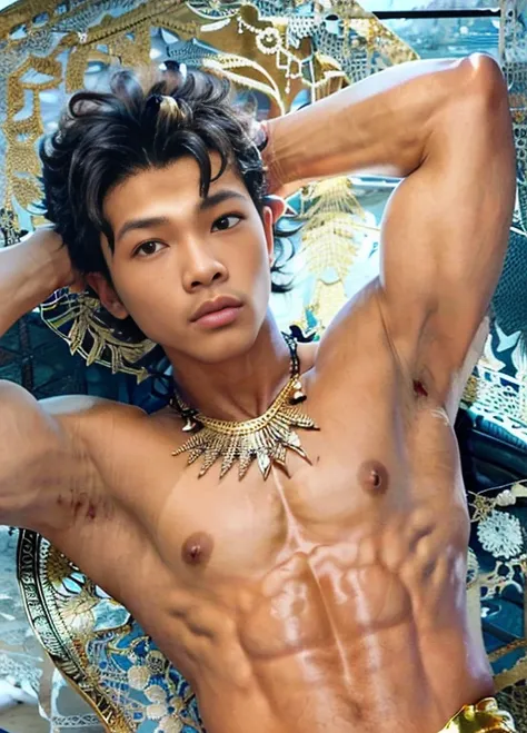 masuter piece、well built、jefri nichol a javanese Male、Age 15、Hot Guy、lite moustache, muscular、macho、wearing majapahit kingdom costume, gold head band, gold shoulder band, gold necklace, gold crown, hair bund,  long-haired、Fade Cut、bodybuilder, Large body、l...