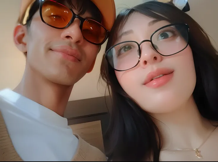 there are two people that are posing for a picture together, lovely couple, very very low quality picture, ruan jia and brom, profile pic, with her long, in love selfie, couple, with sunglass, very very low quality, 8k selfie photograph, profile picture, s...