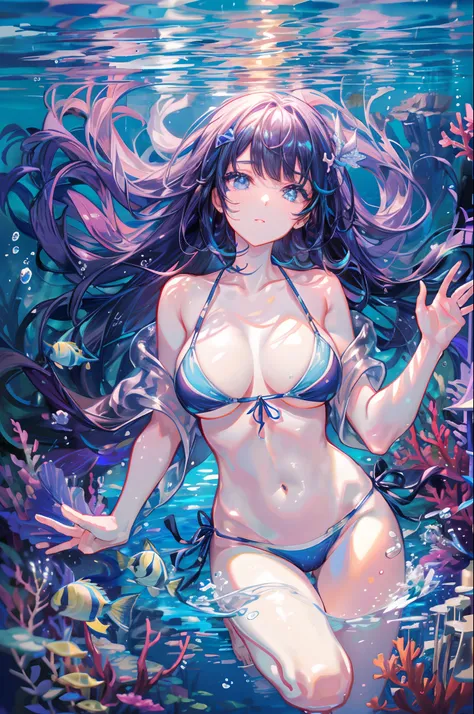 (masuter piece、top-quality、8K,、detailed faces and eyes、Fantastical)、Full body、one girls、undersea environment、soft sunlight、Colorful tropical fish、Big sea turtle、underwater scene、underwater environment、deep underwater scene、underwater ocean、underwater lands...