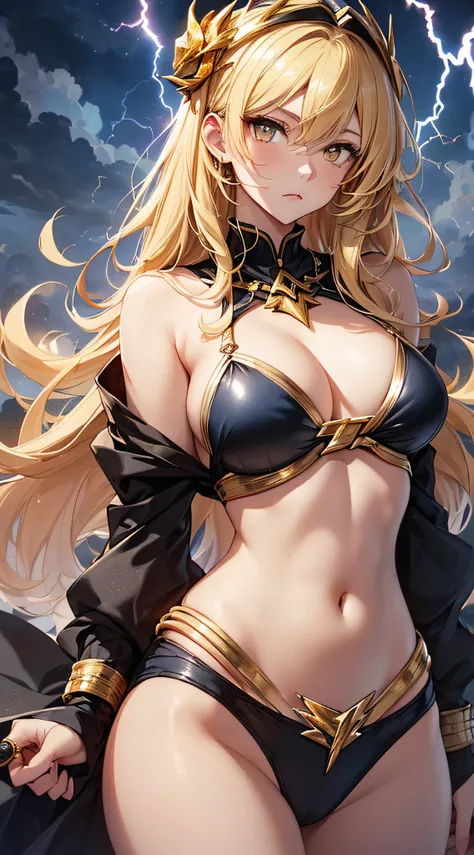 top-quality、Top image quality、​masterpiece、girl with((18year old、Best Bust、big bast、Bust 85,beautiful golden eyes、Breasts wide open,Blonde long hair、A slender、Large valleys、Gold Bikini、Goldcloak,Reflecting the whole body、Luminous Eyes、Gold ring on wrist)）h...