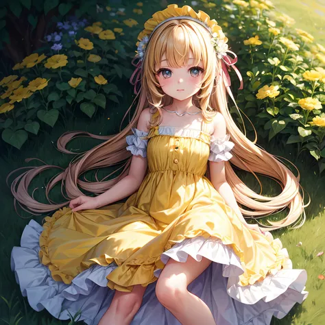 Cartoon girl in yellow dress with flowers in her hair, 1girl,solo,loli in dress, my dress up darling anime, Lori, small curvy loli, small loli girl, Cute art style, kawaii realistic portrait, frilly outfit, Lolita style, !!Full body portrait!!, Cute anime ...