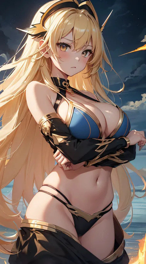 top-quality、Top image quality、​masterpiece、girl with((18year old、Best Bust、big bast、Bust 85,beautiful golden eyes、Breasts wide open,Blonde long hair、A slender、Large valleys、Gold Bikini、Goldcloak,Reflecting the whole body、Open your arms、Gold ring on wrist)）...