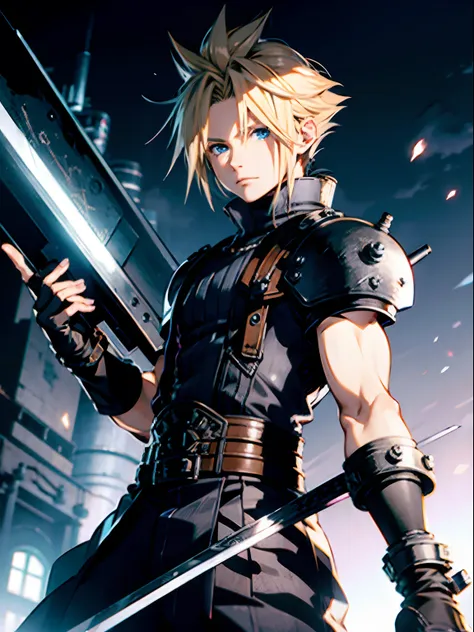 alafed charming young anime-style image holding a sword in a dark room, cloud strife, from final fantasy vii, final fantasy 7, f...