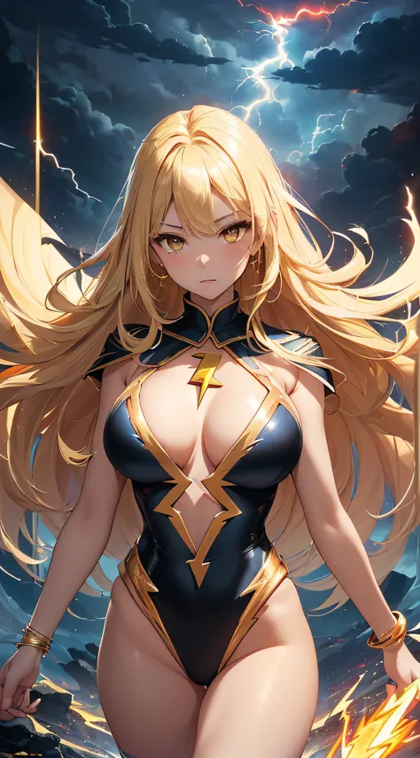 top-quality、Top image quality、​masterpiece、girl with((18year old、Best Bust、big bast、Bust 85,beautiful golden eyes、Breasts wide open,Blonde long hair、A slender、Large valleys、Gold Bikini、Goldcloak,Reflecting the whole body、Open your arms、Gold ring on wrist、S...