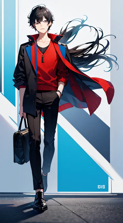 One young man、Black hair on top and blue on bottom、Black drooping eyes、He is wearing a red cardigan、Black tops、Loose black pants、is standing、Closing your mouth and smiling、Full body like