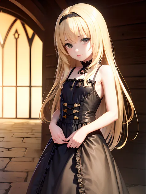 real, 1 girl, a blond, long hair, little girl, golden eyes, shining eyes, (small breasts: 1.2), gothic lolita dresses, shot from...