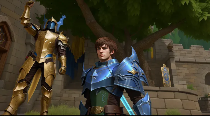 there is a man in armor standing in front of a castle, a human male paladin, male paladin, arsen lupin as a paladin, <mmorpgs scene, epic paladin armor, paladin!, mmorpg, pc screenshot, fantasy mmo, mmo, darksiders style, mmorpg gameplay, paladin armor, pa...