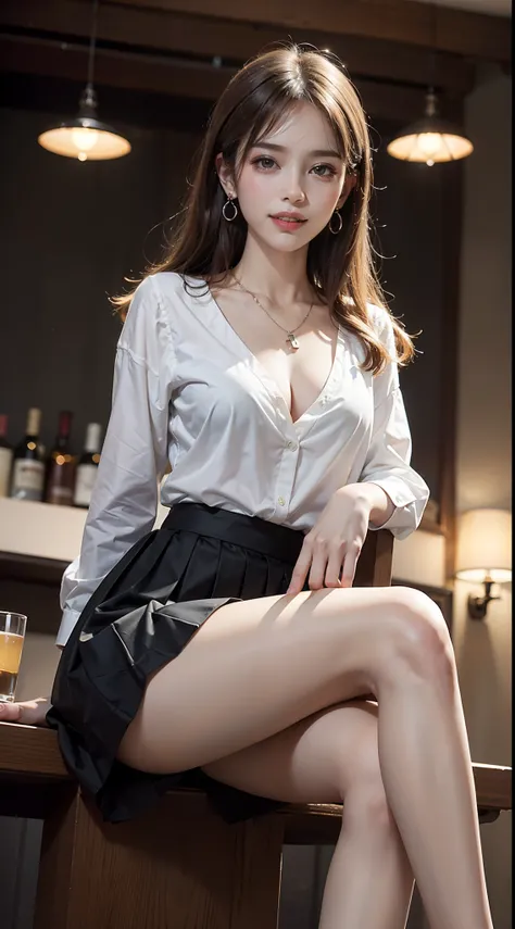 ((knee shot)), ((from below)), A young girl, In the bar, ((Sit Pose)), Cross ed leg, posing elegantly, warm lights, a warm color palette, ((White color blouse, DEEP-V COLLAR, a black pleated skirt)), Detailed scenes, Long messy hair, Brownish-yellow hair, ...