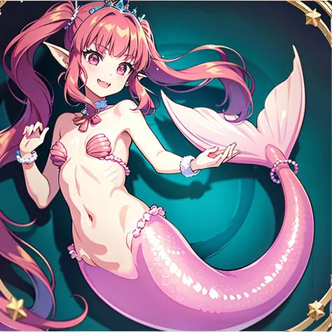 Pretty 15 years old princess magically transformed into a beautiful mermaid, race swap, none human, fish like, long mermaid tail below waistline, pointy ears, red fish scales on skin, drawn in anime style, very long pigtails red hair, long fangs, is smilin...