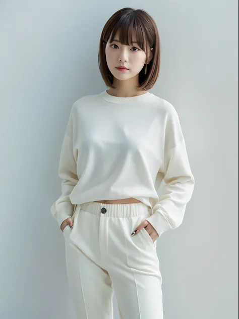 ((​masterpiece,top-quality)), (photographrealistic:1.4),((masutepiece,8K)),hight resolution, Japanese, 1 beautiful woman, Medium Hair, faint thin bangs, Age 32 years old, Detailed skin, long-sleeve, T-shirt, wide-leg pants, Standing, White background, Whit...