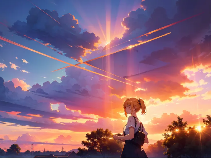 1 cute girl ,looking back, upper body, (from below:0.9), (orange lighting) ,(( Jacobs Ladder)), ((crepuscular rays )),( spotlighting) , ((background cloudy sky )),((masterpiece)), ((best quality)), ((ultra-detailed)), (illustration), ((an extremely delicat...