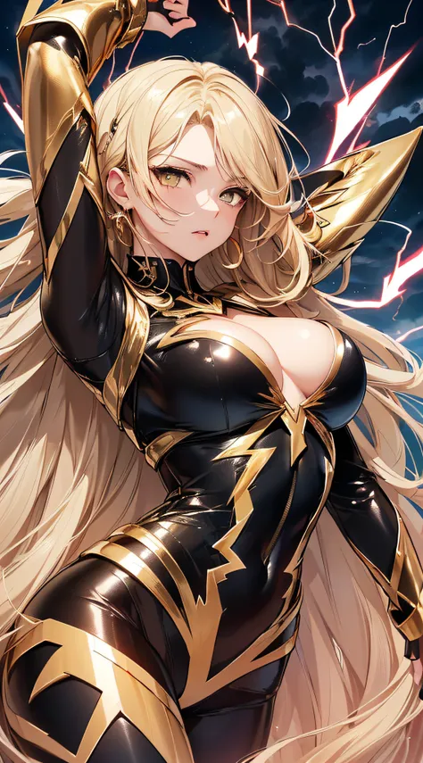 top-quality、Top image quality、​masterpiece、girl with((18year old、Best Bust、big bast、Bust 85,beautiful golden eyes、Breasts wide open,Blonde long hair、A slender、Large valleys、Gold Bodysuit,Reflecting the whole body、Open your arms、Gold ring on wrist、Shoot lig...