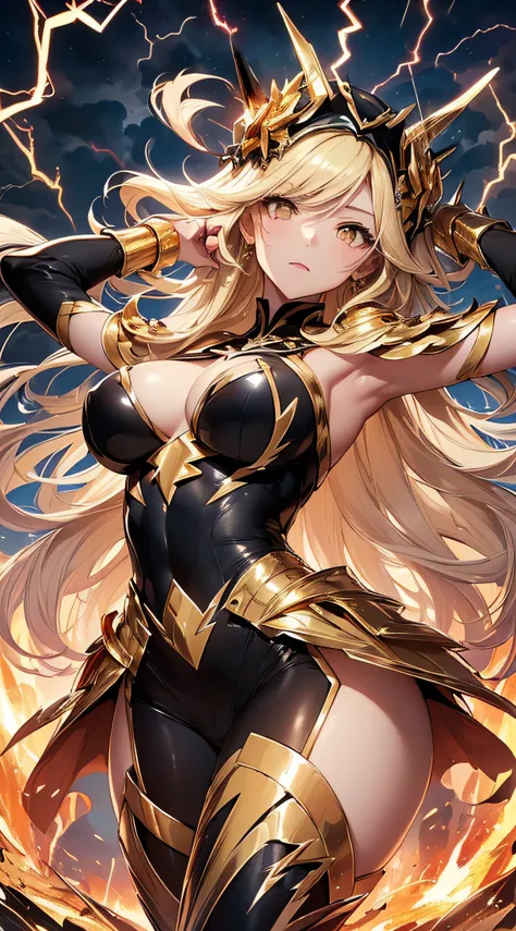 top-quality、Top image quality、​masterpiece、girl with((18year old、Best Bust、big bast、Bust 85,beautiful golden eyes、Breasts wide open,Blonde long hair、A slender、Large valleys、Gold Bodysuit,Reflecting the whole body、Open your arms、Gold ring on wrist、Shoot lig...