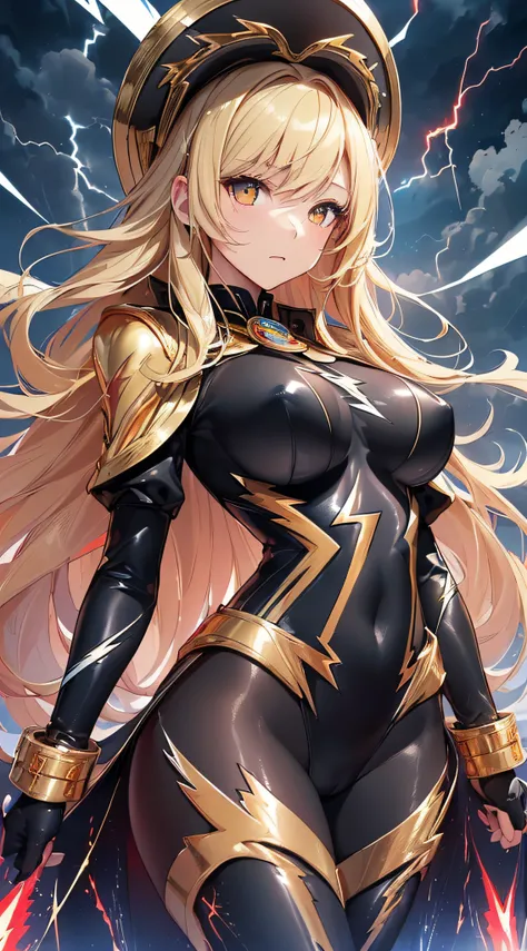 top-quality、Top image quality、​masterpiece、girl with((18year old、Best Bust、big bast、Bust 85,beautiful golden eyes、Breasts wide open,Blonde long hair、A slender、Large valleys、Gold Bodysuit,Reflecting the whole body、Open your arms、Gold ring on wrist、Shoot lig...