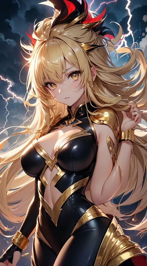 top-quality、Top image quality、​masterpiece、girl with((18year old、Best Bust、big bast、Bust 85,beautiful golden eyes、Breasts wide open,Blonde long hair、A slender、Large valleys、Gold Bodysuit,Reflecting the whole body、Open your arms、Gold ring on wrist、Shoot lig...