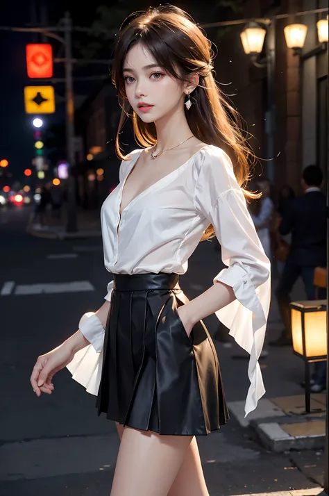 ((cowboy shot)), (from side), A young girl, the night, lamplight, streetview, Street photography, Cross ed leg, posing elegantly, warm lights, a warm color palette, ((White color blouse, DEEP-V COLLAR, a black pleated skirt)), Detailed scenes, Long messy h...